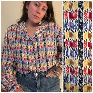 Vintage Y2K Classique Works Bright Printed Secretary Blouse Plus Size 1X